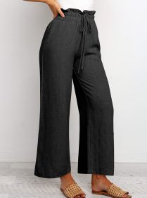Elastic Waistband Lace-up Wide Leg Pants Solid Color Cropped Pants (Option: Black-L)