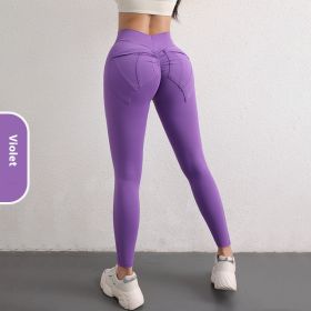 High Waist Hip Lift Yoga Pants With Pockets Women's Sports Fitness Trousers Leggings (Option: Violet-L)