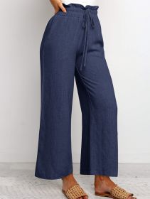 Elastic Waistband Lace-up Wide Leg Pants Solid Color Cropped Pants (Option: Navy blue-L)