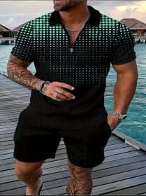 Polo Shirt Sports Short Sleeve Shorts Suit For Men (Option: Black green-3XL)