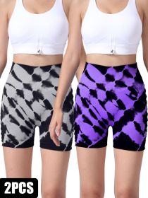 2 Pack Us Local Women's Side Cut-Out Tie-Dye Seamless Hip Lift High Waist Sports Fitness Yoga Shorts (Option: 2PACK1-L)