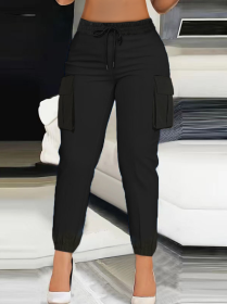 Ladies' Casual Pants, Fashionable High Waisted Sports Pants With Pockets (Option: Black-M)