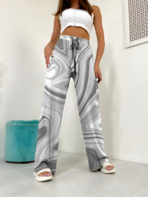 Ladies' Contrasting Printed Waist Strap Details, Loose Pleated Casual Style Wide Leg Pants (Option: Grey-L)