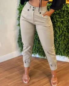 Women's Solid Color Non Elastic Belt Button Detail Four Season Fashion Pants (Option: Apricot-XXL)
