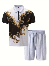 Polo Shirt Sports Short Sleeve Shorts Suit For Men (Option: Black white and gold-XL)
