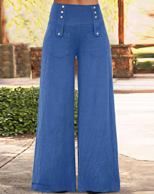 Ladies' Solid Color Button Design Fashionable Casual Pants (Option: Blue-XXL)