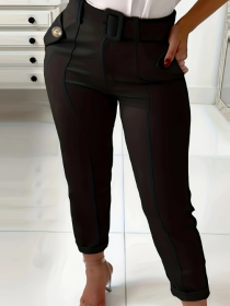 Women's Solid Color Belt Button Design Fashionable And Versatile Pants (Option: Black-Xl)