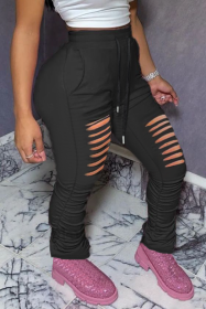 Ladies' Fashionable Casual Solid Color Autumn And Winter Perforated Pants (Option: Black-M)