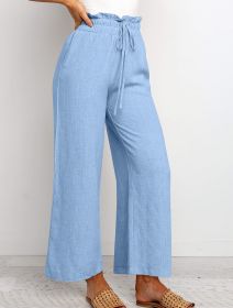 Elastic Waistband Lace-up Wide Leg Pants Solid Color Cropped Pants (Option: Light Blue-S)