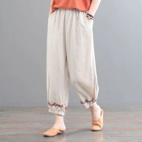 Women's Vintage Cotton Linen Solid Color Casual Pants (Option: Beige-L)