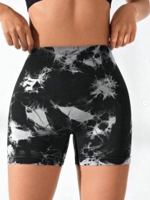 Women's Tie Dye High Waist V-Back Scrunch Yoga Shorts, Seamless Sport Athletic Shorts With Stretch Fabric, Fitness Workout Bottoms (Option: Black-L)