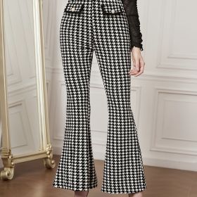 Women's Versatile Pants With Contrasting Colors, High Waisted Front Fake Pocket, Casual And Elegant Style, Hound Print Flared Pants (Option: MU-M)