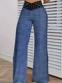Girls' Solid Color Hollow High Waist Slimming Fashion Versatile Home Clothes Pants (Option: Dark Blue-XXL)