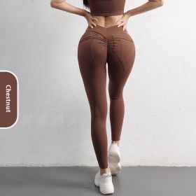 High Waist Hip Lift Yoga Pants With Pockets Women's Sports Fitness Trousers Leggings (Option: Chestnut-S)