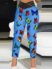 Ladies' Butterfly Printed High Waisted Hollow Out Casual Slim Fit Pants (Option: Blue-L)