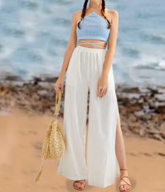 Ladies' Solid Color Transparent Yarn Slit Fashionable Loose Pants (Option: White-L)