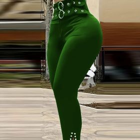 Ladies' Buckle And High Waisted Perforated Pants Sexy Slim Fit Pants Sexy Versatile New Clothes (Option: Green-M)