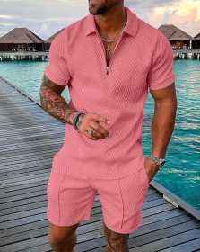 Polo Shirt Sports Short Sleeve Shorts Suit For Men (Option: Pink-3XL)