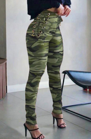 Ladies' Lace Up High Waisted Camouflage Casual Pants (Option: Army green-M)