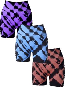 3 Pack Women's Side Cut-Out Tie-Dye Seamless Hip Lift High Waist Sports Fitness Yoga Shorts (Option: 3PACK4-S)