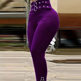 Ladies' Solid Color Fashionable High Waist Sexy Slim Fit With Eyelets Versatile Pants (Option: Purple-XXL)