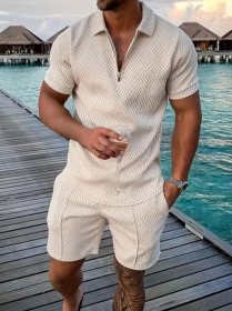 Polo Shirt Sports Short Sleeve Shorts Suit For Men (Option: Apricot-3XL)