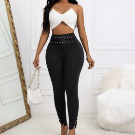 Ladies' Solid Color Casual Style Tight Fitting High Waist Slim Fit Slit Detail Pants Waist Ring Fake Belt Design Sense Tapered Pants (Option: Black-M)