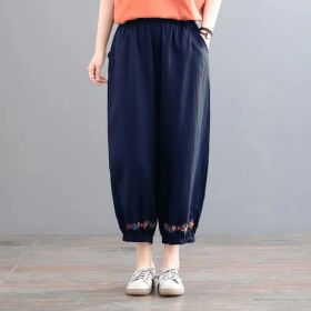 Women's Vintage Cotton Linen Solid Color Casual Pants (Option: Navy blue-M)