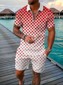 Polo Shirt Sports Short Sleeve Shorts Suit For Men (Option: Red and white check-XL)