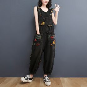 Women's Fashion Plus Size Age Reduction Print Suspender Jeans (Option: Black-2XL)