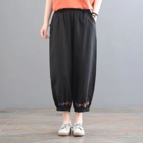 Women's Vintage Cotton Linen Solid Color Casual Pants (Option: Black-L)