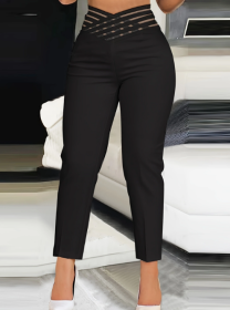 Ladies' Solid Color Hollow High Waist Fashionable Slimming Casual Pants (Option: Black-M)