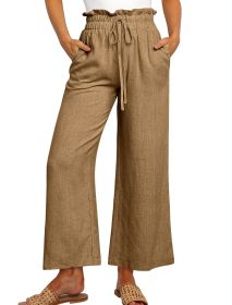Elastic Waistband Lace-up Wide Leg Pants Solid Color Cropped Pants (Option: Camel-S)