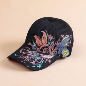 Korean version of the sequin embroidered baseball cap new butterfly embroidered duck tongue tide hat women's hat sunscreen sun hat (Color: BLACK)