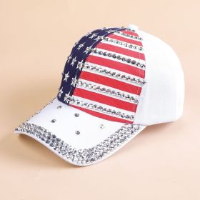 Foreign trade cross-border new summer American version of the tide American flag diamond-studded baseball cap sun hat men and women with the same styl (Color: White)