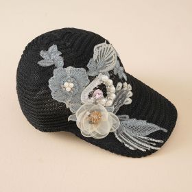 Baseball hat applique pearl sun hat fashion outdoor leisure sunshade cap new summer women (Color: BLACK)