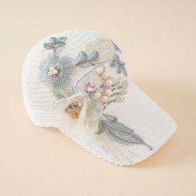 Baseball hat applique pearl sun hat fashion outdoor leisure sunshade cap new summer women (Color: White)