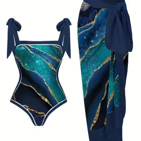 Plus Size Vacay Tankini Set, Women's Plus Colorblock Stripe Print Square Collar Tie Shoulder Bodysuit & Side Tie Maxi Bodycon Skirt Tankini Two Piece (Color: Multicolor, size: 4XL(20))