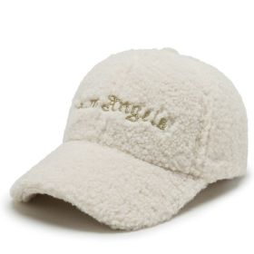 Men Women Teddy Velvet Embroidery Letter SunShade Curved Brim Baseball Cap Winter Sport Sunscreen Plush Warm Adjustable Hat A14 (Color: White, size: 56-60cm)