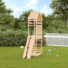 Playhouse with Climbing Wall Solid Wood Pine (Color: Brown)