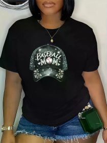 Chic Plus Size Women'S T-Shirt with Baseball Cap Print - Casual Crew Neck, Short Sleeve, Rayon Blend, Easy Care (Color: BLACK, size: XL)