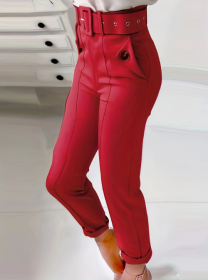 Women's Solid Color Button Casual And Versatile Fashionable Pants (Option: Red-S)