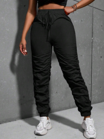 Women's Solid Color Lace Up Comfortable And Fashionable Versatile Pants (Option: Black-XXL)