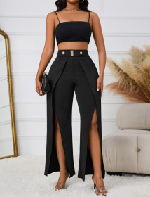 Ladies' Solid Color Belt, Loose Wide Leg Slit, Elegant Straight Leg Pants (Option: Black-Xl)