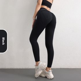 High Waist Hip Lift Yoga Pants With Pockets Women's Sports Fitness Trousers Leggings (Option: Black-L)