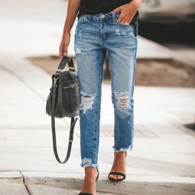 Women's Ripped Non-elastic Retro Fashion Jeans (Option: Dark blue-S)