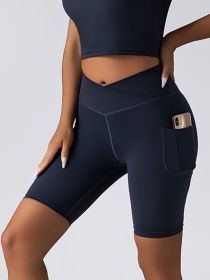 Biker Shorts Women Tummy Control  No Seam High Waist Yoga Gym Workout Running Volleyball Shorts With Pockets (Option: Navy blue-S)
