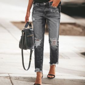 Women's Ripped Non-elastic Retro Fashion Jeans (Option: Black-XXL)